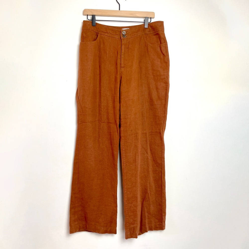 Chicos Linen Pants Sz 2 Large Rust Brown Quiet Luxury Minimalist Summer Capsule - Picture 2 of 8